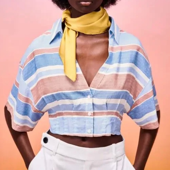 ZARA Red Blue White Stripe Linen Blend Short Sleeve Button-Down Crop Top Size M - Picture 1 of 13